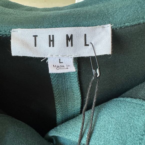 NWT THML Regine Faux Leather Puff Sleeve Shirt Dress Teal Green L Cottage Fall - Picture 8 of 10